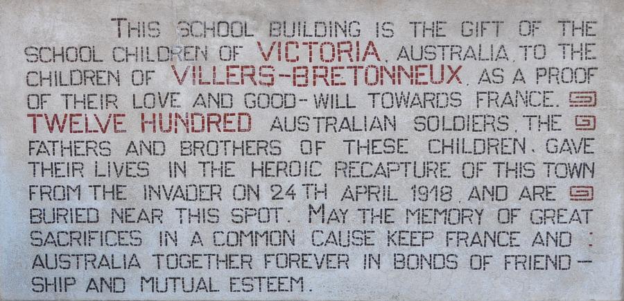 The plaque on the Victoria School in Villers-Bretonneux