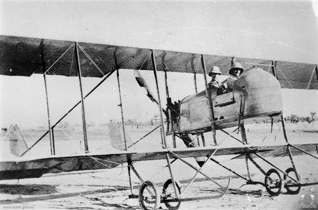 Two unidentified members of the Mesopotamia Half Flight seated in a Maurice Farman Shorthorn aircraft in 1916.