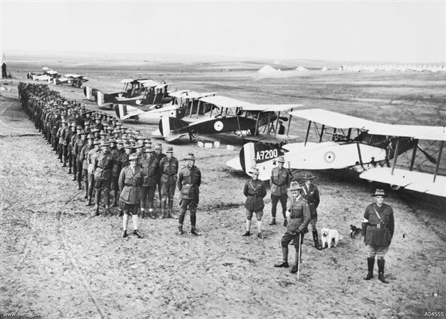 No. 1 Squadron, AFC lined up with their Bristol F2B and B.E.2E Aircraft in Palestine, February 1918.