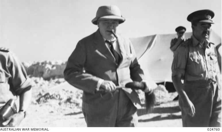 Winston Churchill and Lieutenant-General Sir Leslie Morshead during Churchill&#039;s visit to El Alamein.