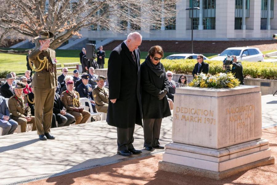 The Governor-General, Sir Peter Cosgrove, and his wife Lynne at the wreath laying ceremony for the launch of Legacy Week at the Memorial.