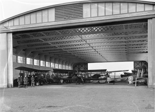 Interior view of a hangar used by No. 7 (Training) Squadron, AFC and No. 8 (Training) Squadron, AFC, at their aerodrome at Leighterton. Avro 504K trainer aircraft of No. 7 Squadron fill the hangar