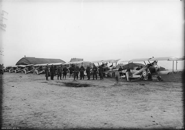 France, 24 March 1918. A flight of Australian Scouting Machines, Sopwith Camels, from No. 4 Squadron, AFC.