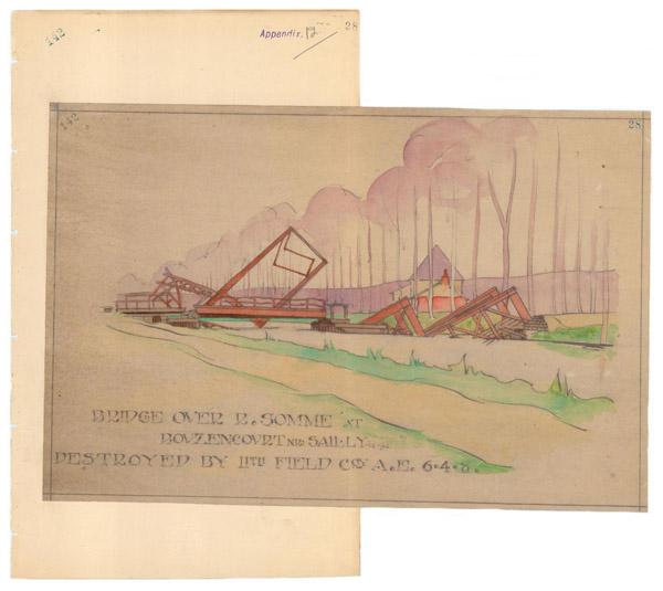 Drawing of a bridge destroyed by the 11th Field Company, Australian Engineers, near Bouzencourt. AWM4 14/30/18 Part 1