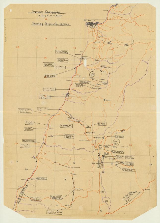 A map of part of the Syrian campaign, with the “Kelly Patrol Areas” circled – unit diary, July 1941. AWM52 2/2/7/14 