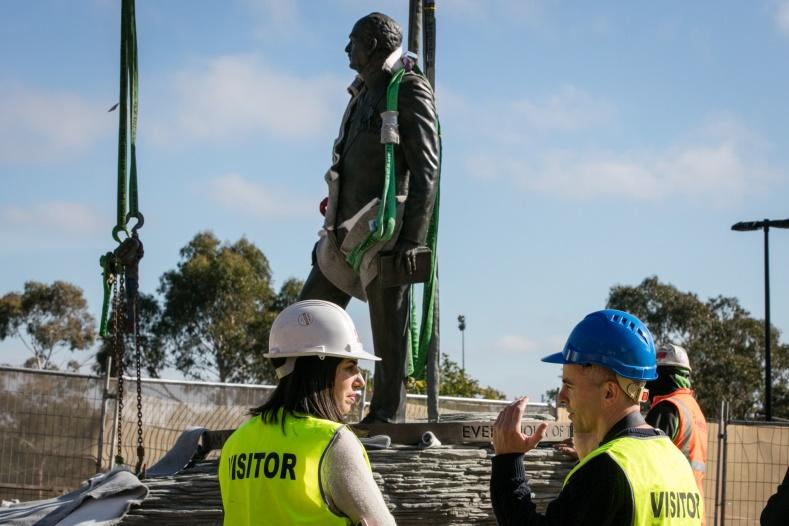 Charles Robb and Sarah Holland-Batt with Sir John Monash sculpture