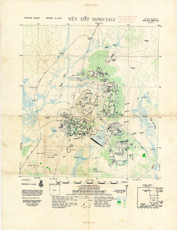 Nui Dat which means small hill (or clay hill) in Vietnamese was the location of the base of 1ATF, the Australian Task Force. This map shows the base at it appeared in 1970, the small hill from which the base took its name can be seen in the centre of the map.