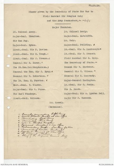 Menu of a dinner held 26 November 1918