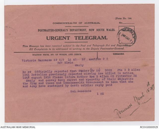 Pink telegram reporting Private Allen killed in action
