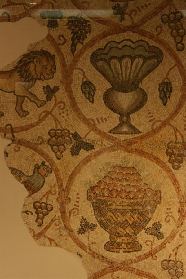 A close up sot of the Shellal Mosaic showing a lion, grapes and a basket