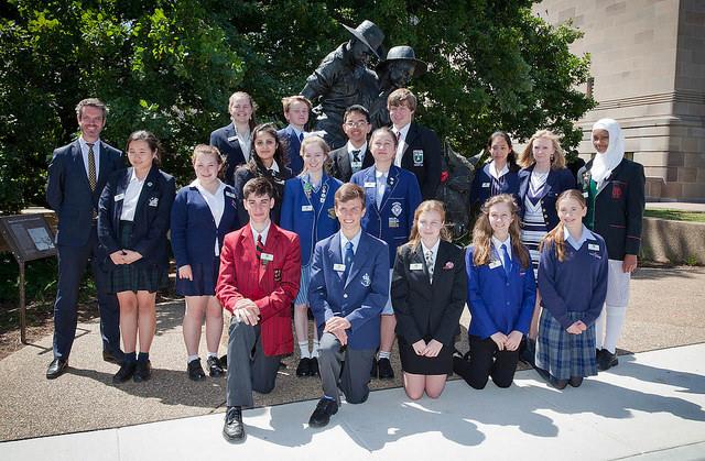Simpson Prize winners in front of the Australian War Memorial statue of Simpson and the donkey